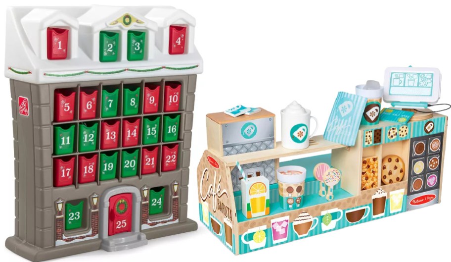 An advent calendar toy and a coffee shop toy.