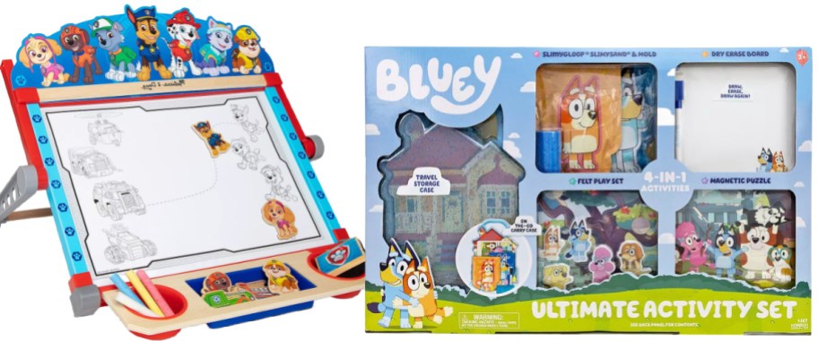 A Bluey playset and a Paw Patrol art set.