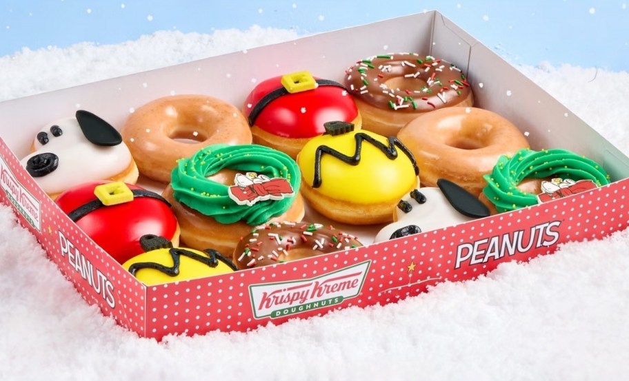 A dozen Peanuts Christmas Krispy Kreme donuts.