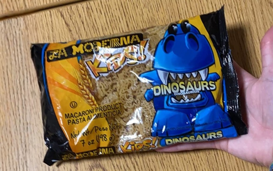 a bag of dinosaur pasta on a countertop