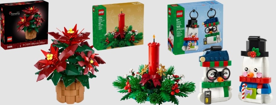 3 holiday lego sets; poinsettias, tabletop decoration and snowmen ornaments