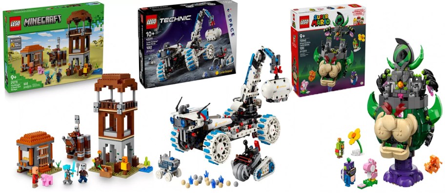 lego minecraft, technic, and bowser sets with boxes