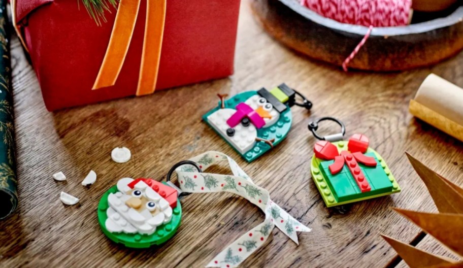 lego ornaments on a wooden table top