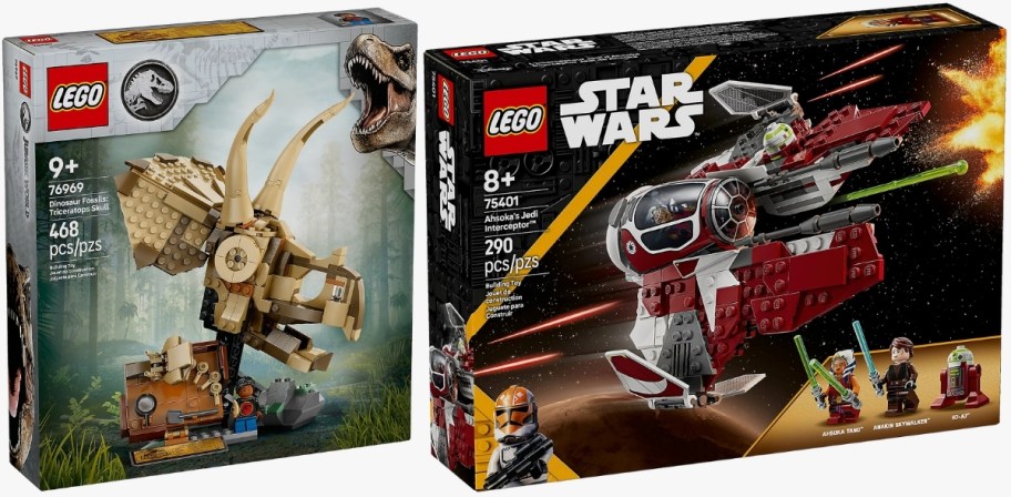 two lego set boxes: dino skull model and Jedi Interceptor Starfighter 