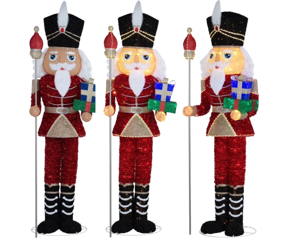 3 different views of a life size nutcracker