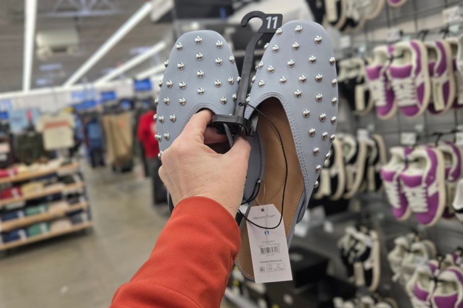 light blue studded mules