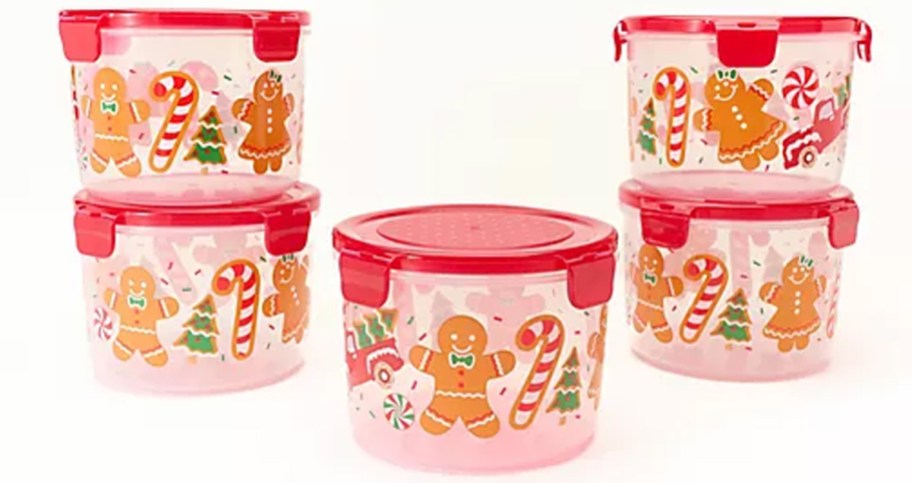 5 gingerbread containers with red lids
