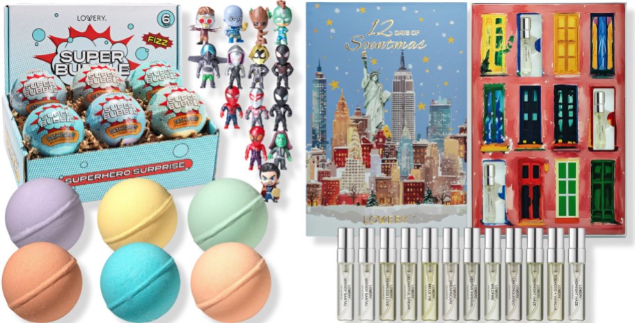 Lovery gift sets featuring a superhero surprise bath bomb box with figurines and colorful bath bombs, alongside a 12 Days of Scentmas fragrance advent calendar set with various perfume samples.