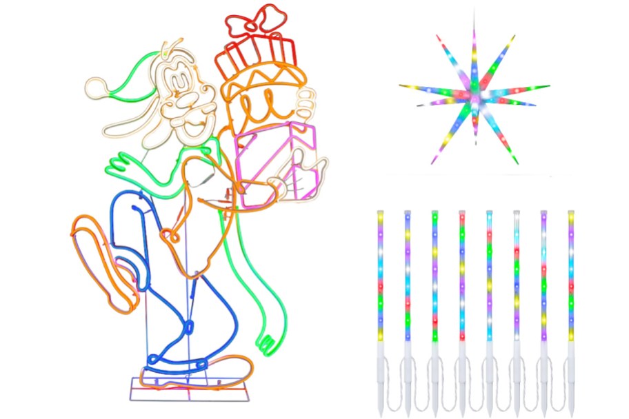 goofy light decor, starburst light, and pathway lights