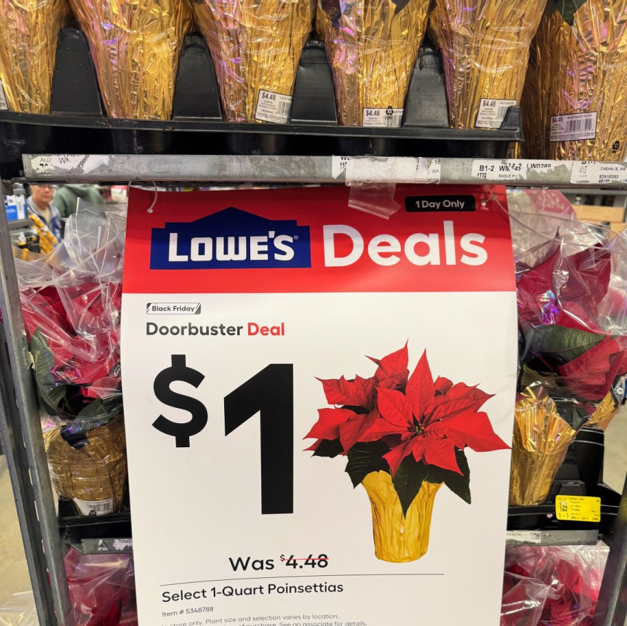 lowes sale sign showing $1 poinsettias