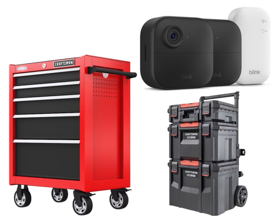 red rolling toolbox and blink camera