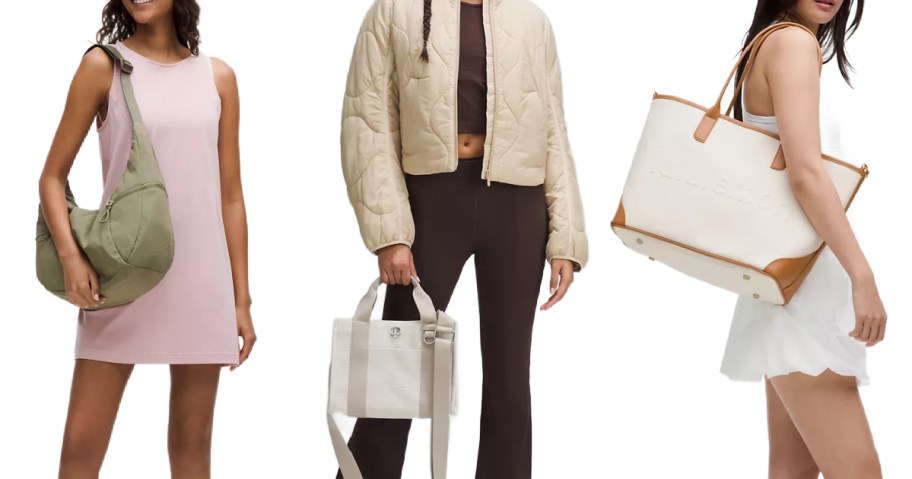 three women wearing lululemon bags