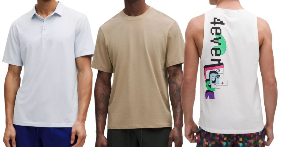 three men wearing lululemon clothing