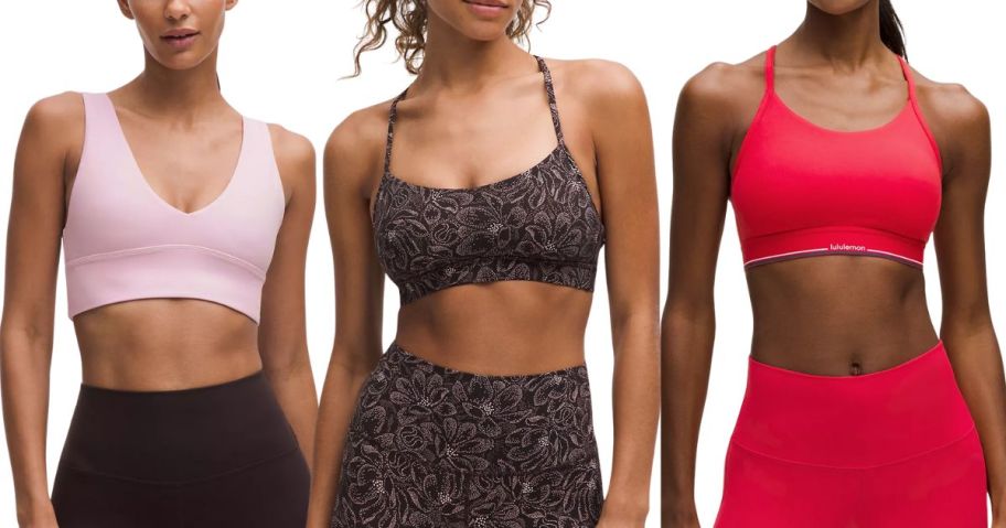 3 women wearing lululemon bras in pink, dark patterned, and red