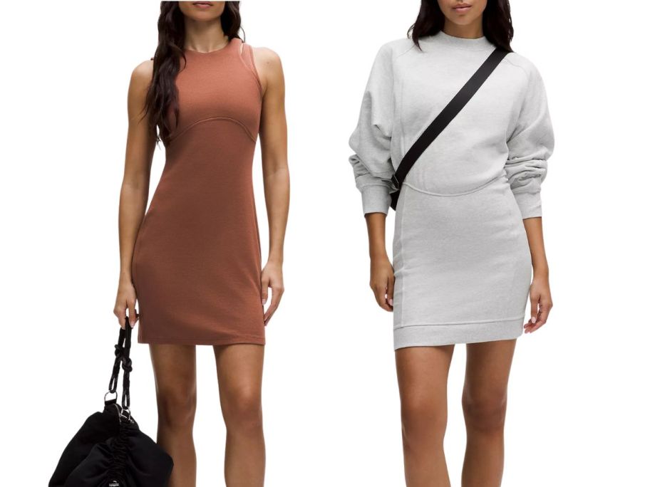 2 women wearing tan and gray dresses