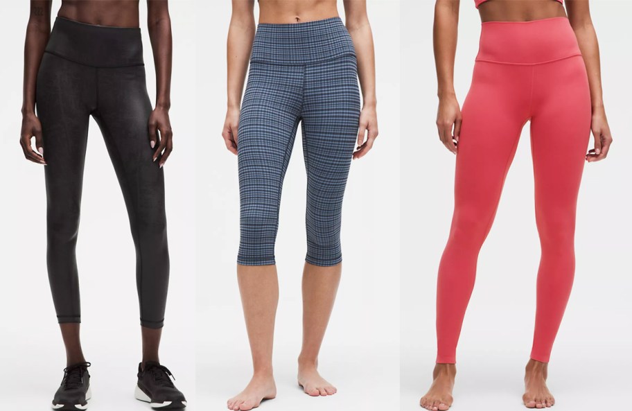 women in black, blue, and pink leggings