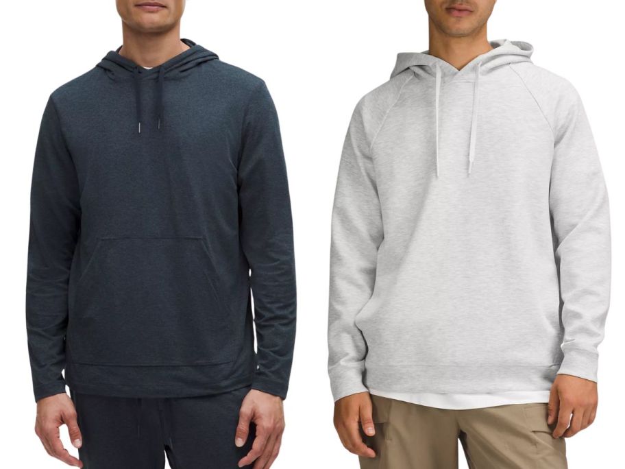 2 men wearing gray hoodies