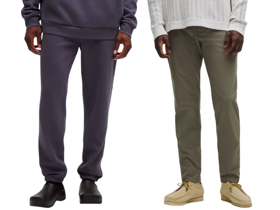 2 men wearing purple and green pants