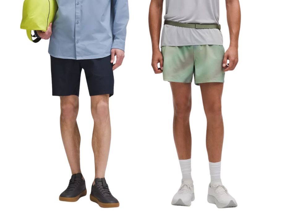 2 men wearing blue and green shorts
