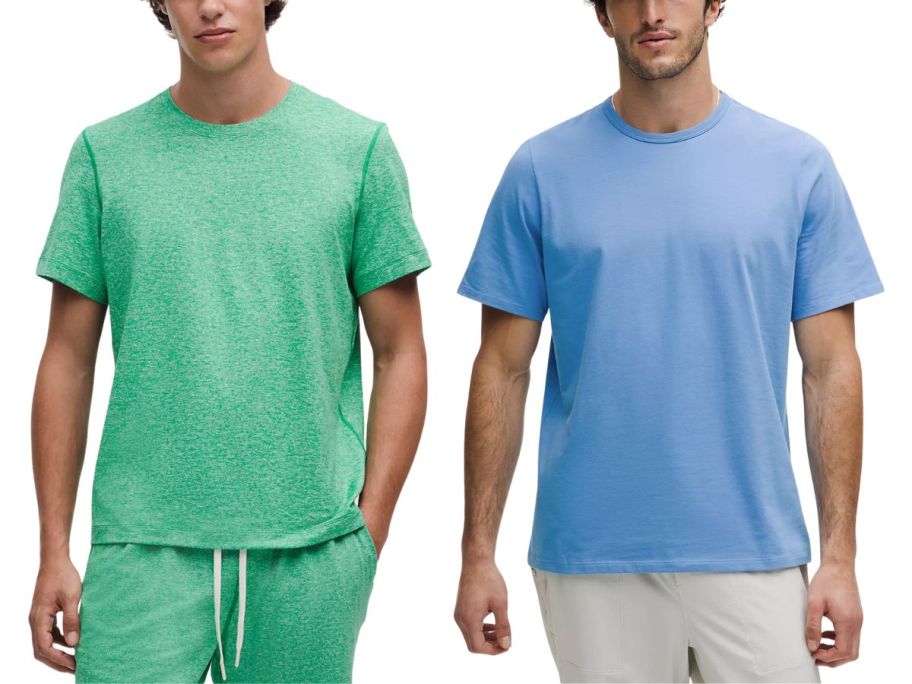 two men wearing green and blue t-shirts