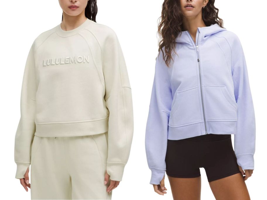 2 women wearing oversized sweatshirts in cream and purple
