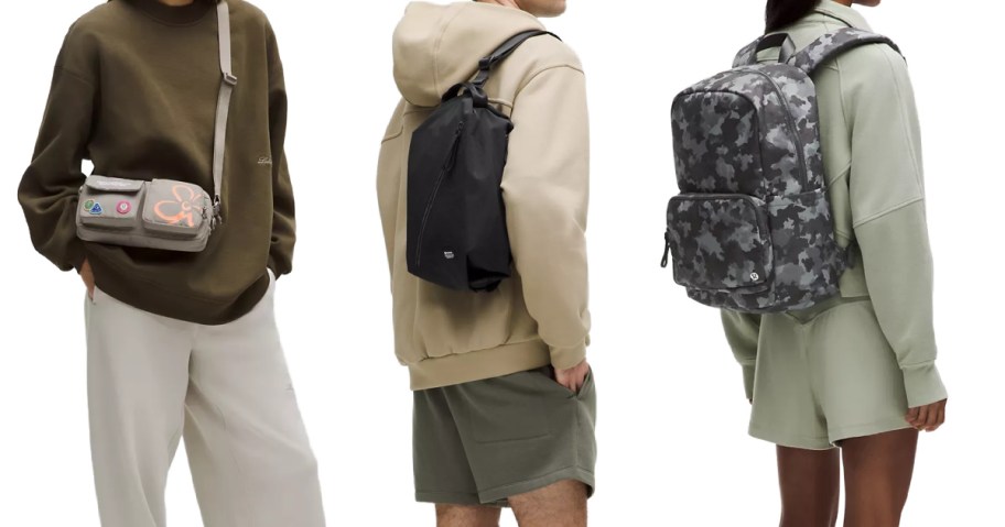 a man and two women wearing lululemon bags