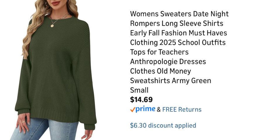 woman wearing green sweater next to Amazon pricing information
