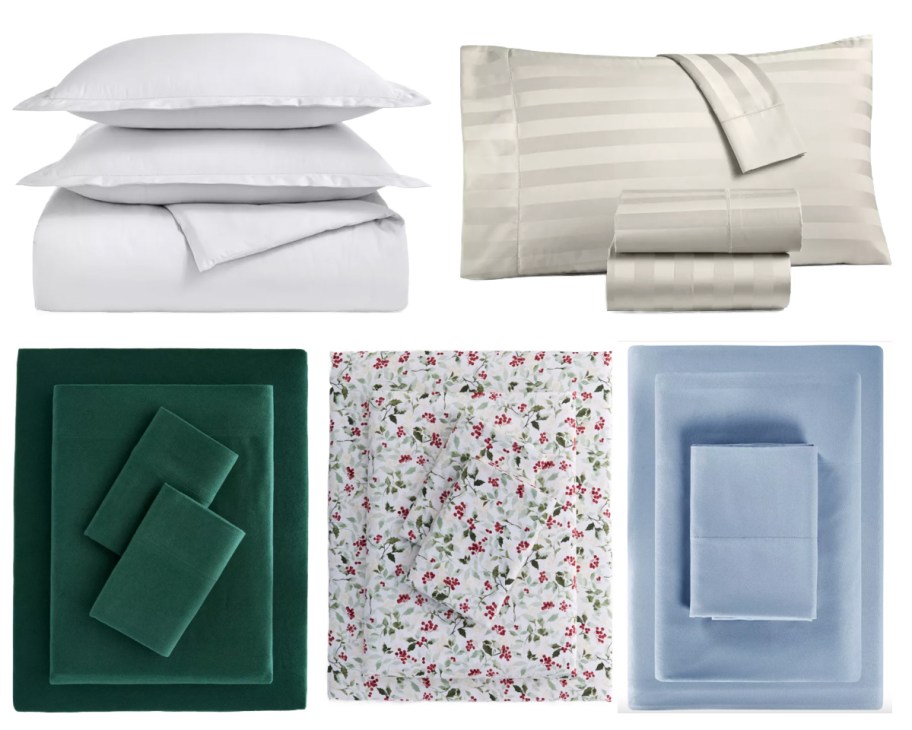 green holiday and blue sheets sets, white duvet, and striped tan sheets