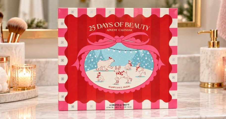 a Macy's Beauty Advent Calendar Box on a bathroom counter