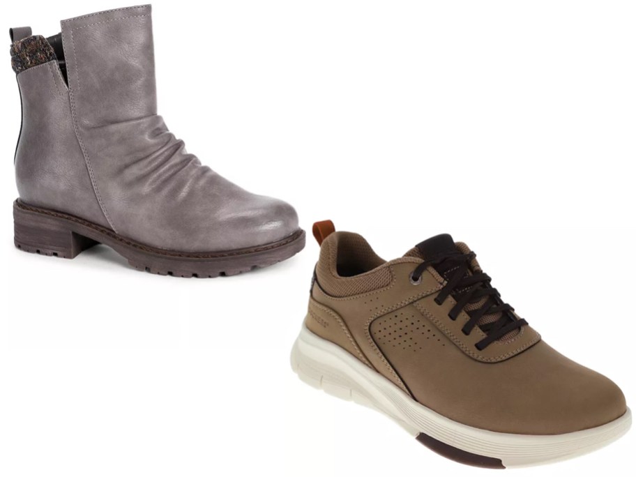 gray boot and brown shoes