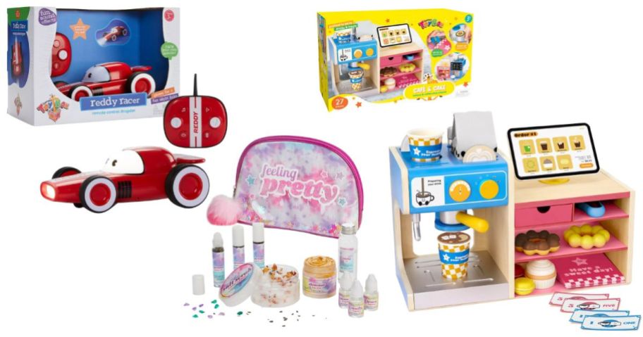 racer set, beauty set and, coffee shop playset