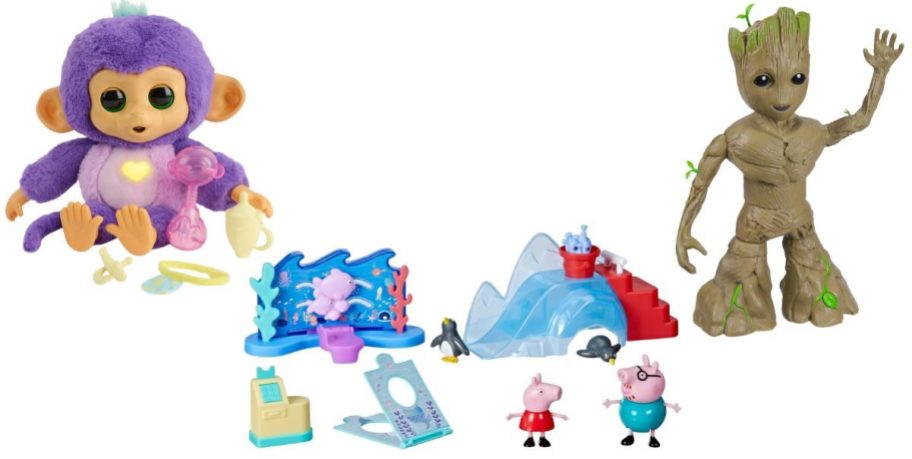 fingerlings, peppa pig set, and groot toy