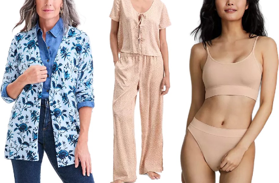 Three women showcase diverse outfits: a floral blue jacket over a denim shirt, a peach lounge set, and a beige bra and panty set.