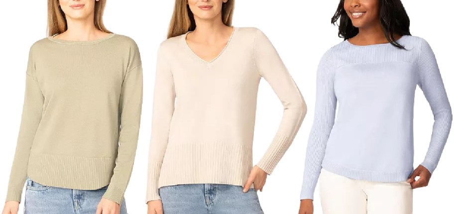 Three women wearing different pastel sweaters: one in olive, another in beige, and the third in light blue.