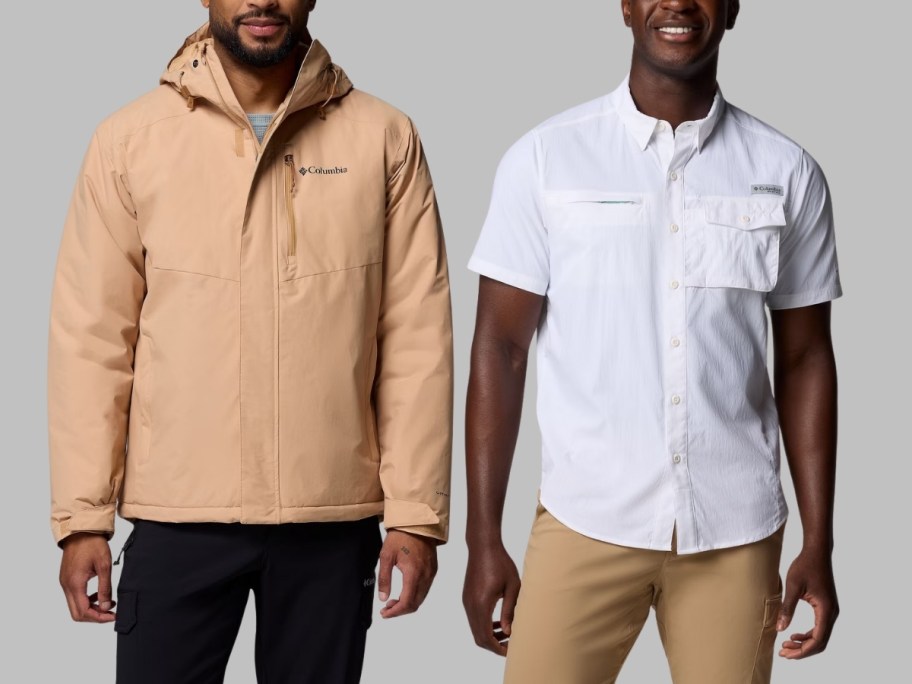 a man in a khaki jacket and a man in a white fishing shirt
