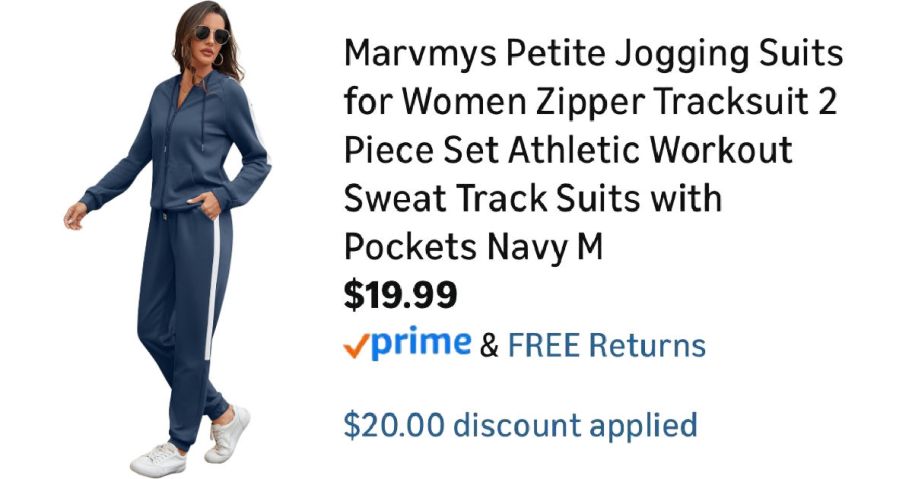 woman wearing blue tracksuit next to Amazon pricing information