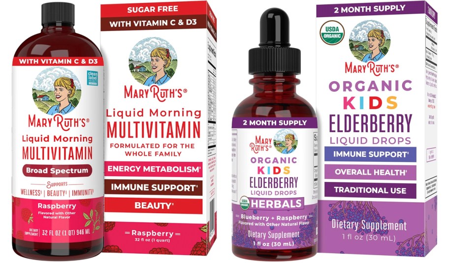 two mary ruths vitamins bottles and boxes 