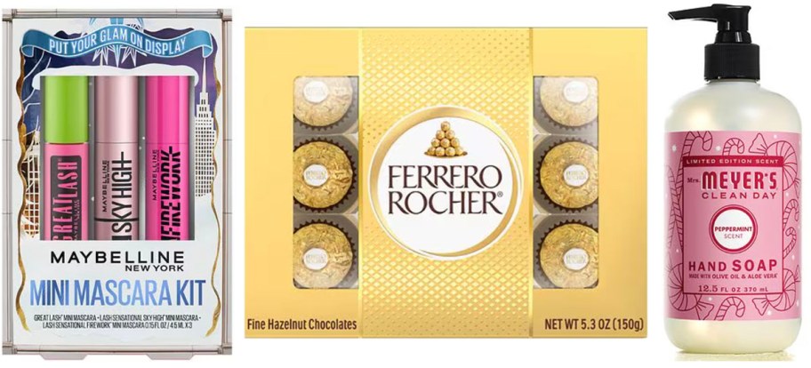 maybelline gift set, ferrero rochero gift set, and mrs meyers hand soap 
