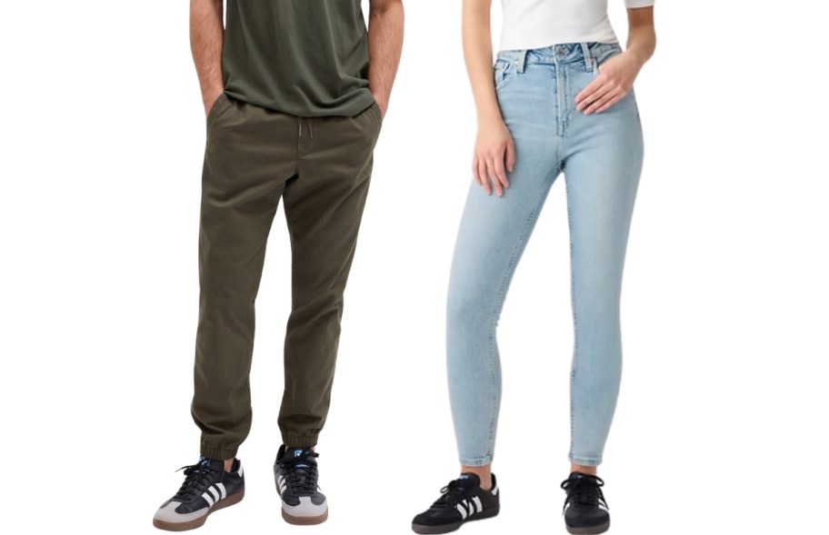 a man in apair of joggers and a woman in a pair of skinny jeans
