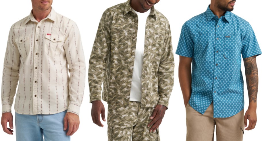 Three men's Wrangler shirts shown side by side, featuring an off-white long-sleeve western shirt with a vertical pattern on the left, an olive green camouflage long-sleeve shirt and matching pants set in the middle, and a blue patterned short-sleeve button-down shirt on the right.