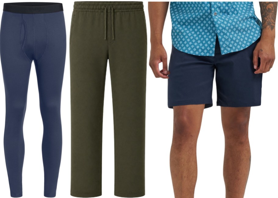 Three men's apparel items shown side by side, featuring blue thermal long underwear on the left, olive green lounge pants with a drawstring waist in the middle, and a person wearing a blue patterned shirt and navy shorts on the right.