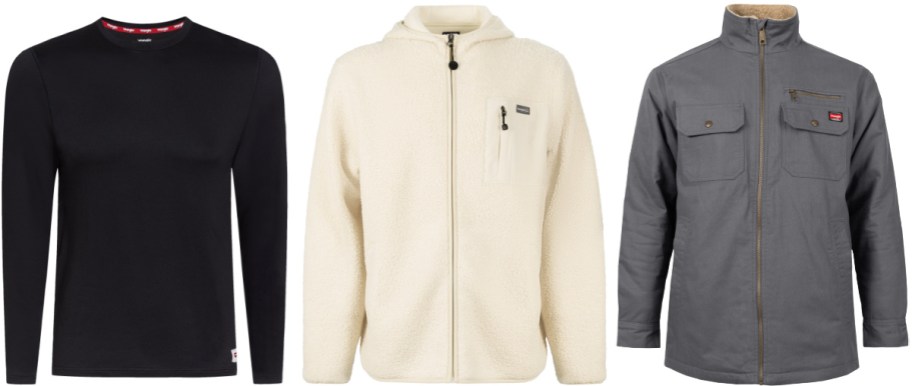 Three men's Wrangler apparel items shown side by side, featuring a black long-sleeve thermal shirt on the left, an off-white fleece zip-up hoodie in the middle, and a grey utility jacket with a sherpa lining on the right.
