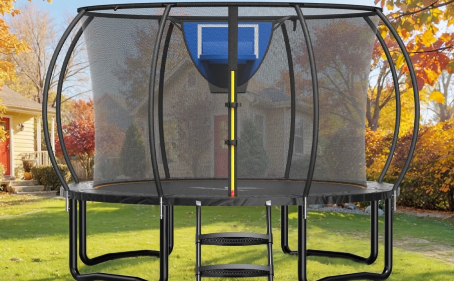 black trampoline in backyard