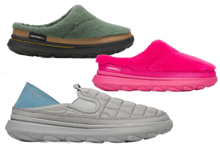 green, pink, and grey slippers