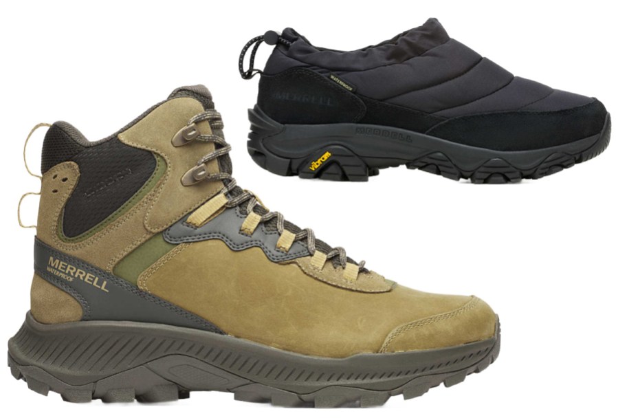 mens green boot and black shoes