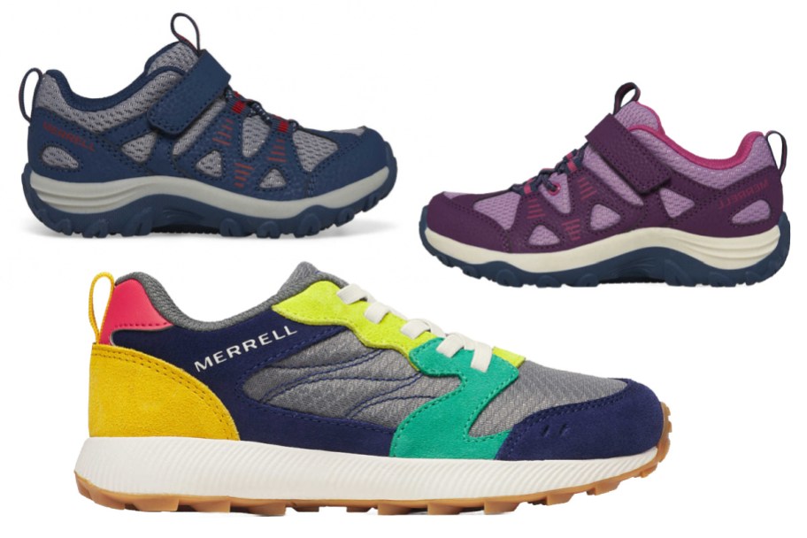 blue and purple hiking shoes and colorful sneakers