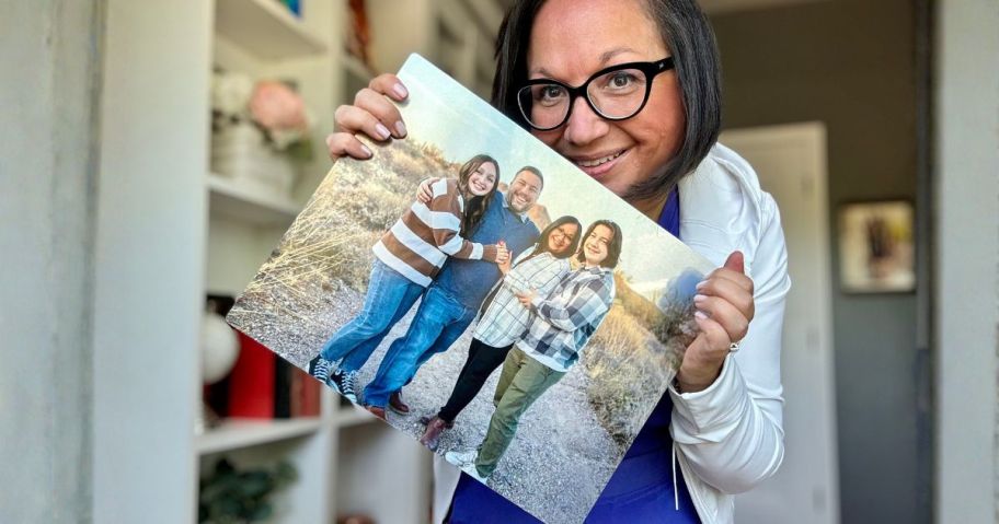 lina holding 11x14 metal phto print from walgreens