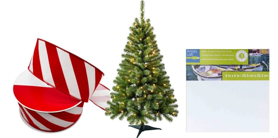 christmas ribbon, a tree, and a stretched canvas