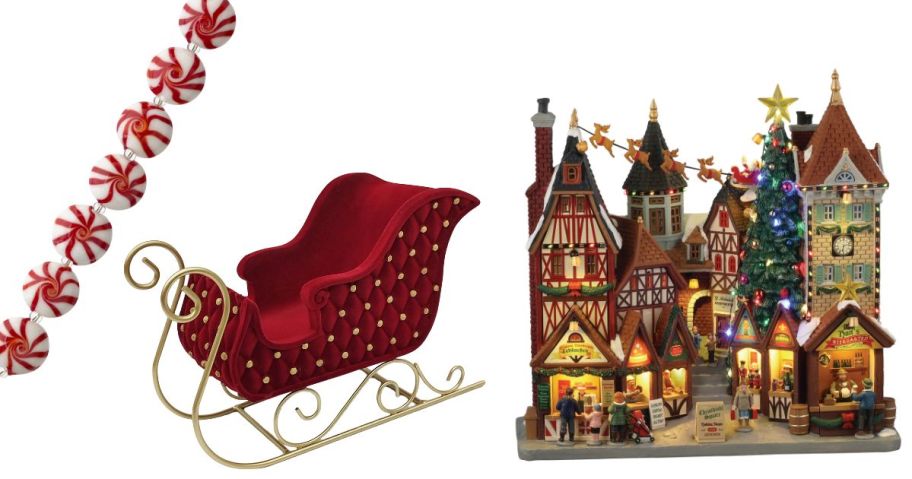 strung beads, a sleigh, and a house