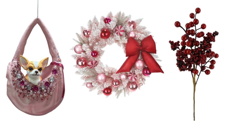 an ornament, a wreath, and a pick